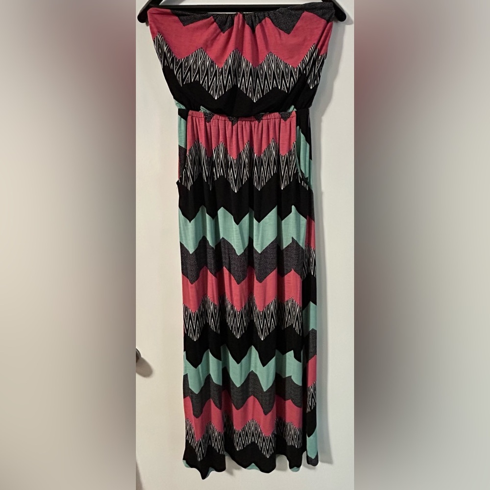 Trixxi Pink, Black, and Teal Chevron Strapless Maxi Dress